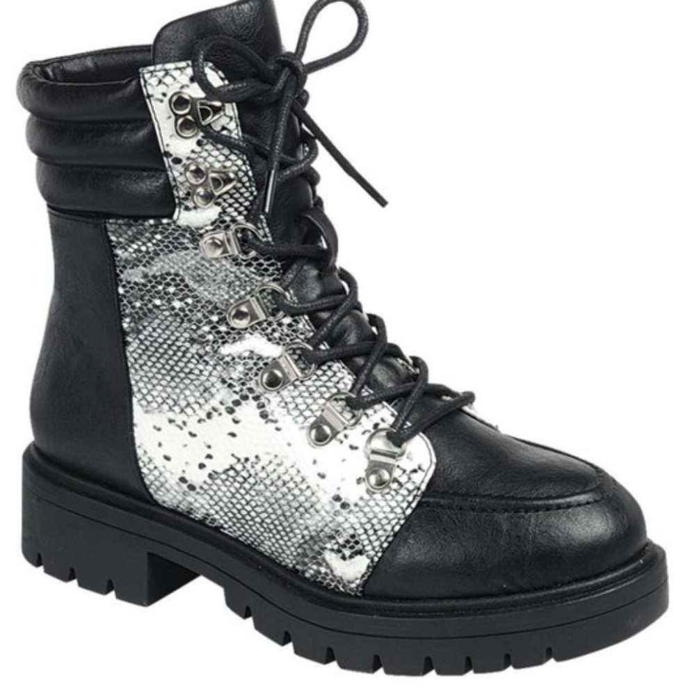 Womens lace up lug sole snake skin combat boot